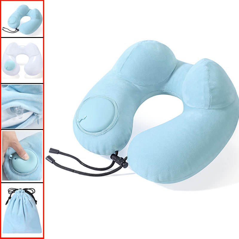 Azul Cielo - Almohada Inflable en Forma de U con Bolsa de Almacenamiento - Diseño "Joroba de Camello"