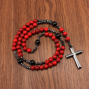 Collana da Uomo con Ciondolo a Croce in Pietra Naturale, Perle di Agata Nera e <span class=keywords><strong>Pietre</strong></span> di Pino Rosso da 8mm - Product Image 2