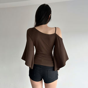 T-shirt à bretelles perlées à une épaule style streetwear pour femmes, taille froncée, manches lanternes drapées, coupe ajustée, style Y2K, chic blogueuse INS - Product Image 6