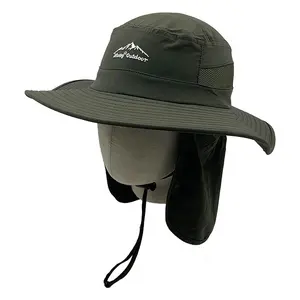 Portable Hard Core Polyester Outdoor Sunproof Pure Color Fisherman Hat Mesh Breathable Bucket Hat With Neck Cover and String