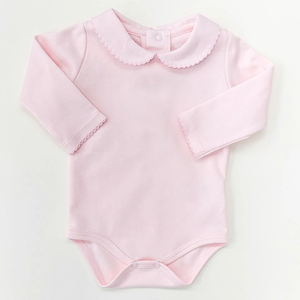 Monogram Blank Roze En Witte Peter Pan Kraag Met Picot Versiering <span class=keywords><strong>Baby</strong></span> Onesie Lange Mouw Custom Puur Katoenen <span class=keywords><strong>Baby</strong></span> Bodysuit - Product Image 2