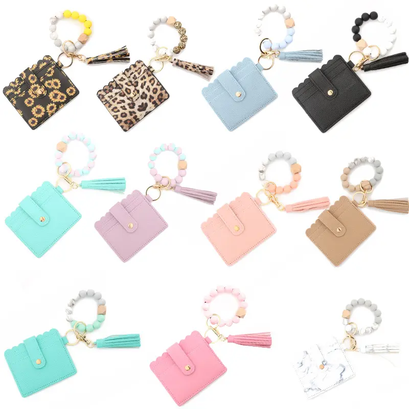 Best Selling Multi Color Beaded Key Ring Pu Leather Wallet Silicone Beads Keychain Bracelet Credit Card Holder For Women