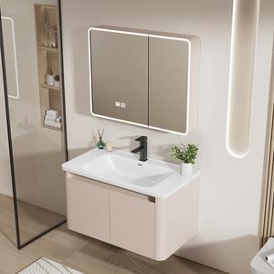 Meuble de salle de bain moderne en bois massif de style crème français avec double tiroir et vasque intégrée en céramique - Product Image 2