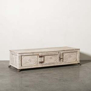 Vintage Ấn Độ Gỗ Tếch hộp Bàn cà phê whitewashed kết thúc phức tạp chạm khắc kết cấu độc đáo thực tế lưu trữ đồ nội thất nhà - Product Image 1