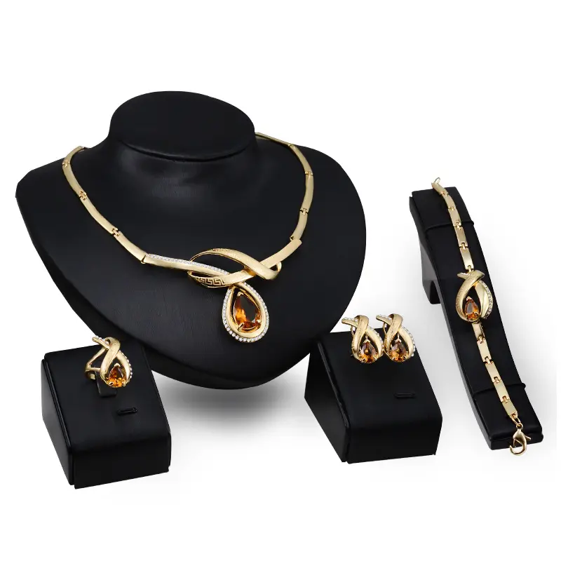 Creative European and American cross-border alloy jewelry set gold necklace yellow Crystal earrings four sets women jewelry set