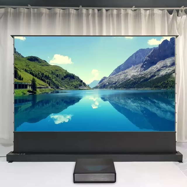 Portable 120inch CBSP Electric Motorized Floor Rising Tab Tension Pull up Projector Screen with PET Crystal ALR Ambieht Light