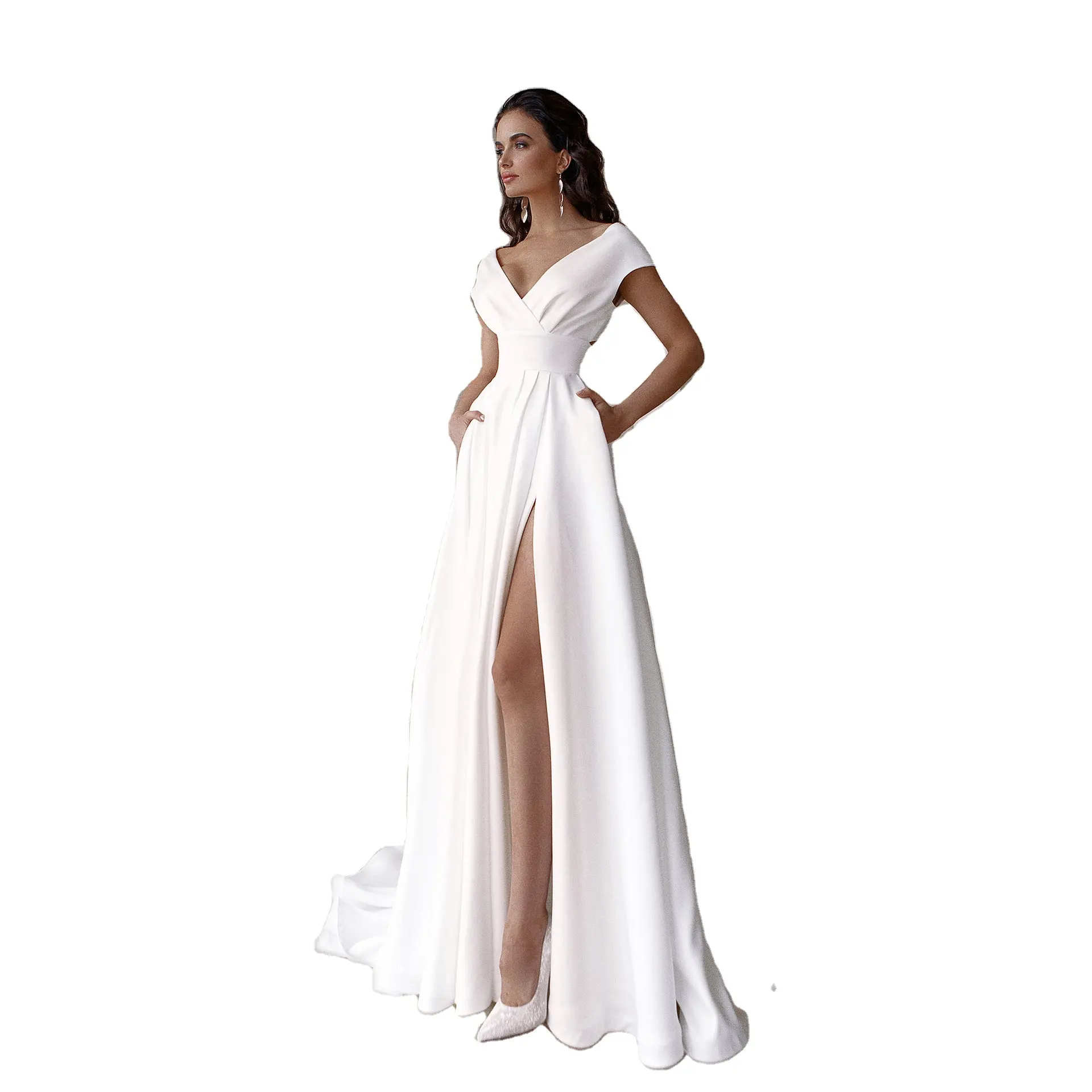 Custom Satin Beaded Strapless Catwalks High Slit Roupa Vestido Largo De Mujer Wedding Dress Gown Haute Couture Tailed Dress