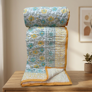 Vintage Style Hand Block Printed Cotton <b>Quilt</b> Double <b>Bed</b> Traditional Floral Design Handmade All Season Home Use - Product Image 2
