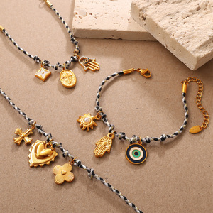 European American Retro Woven <b>Rope</b> Necklace <b>Bracelet</b> Set Zinc Alloy Cross Pendant Unisex Jewelry - Product Image 3