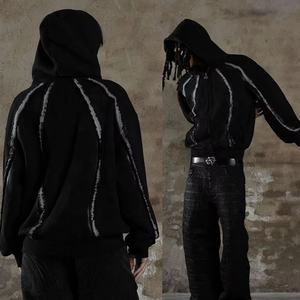 Fabricant de streetwear – Sweat à capuche zippé coupe ample style vintage personnalisé avec patch brodé, bords bruts, coupe régulière, motif géométrique, 100 % coton - Product Image 3