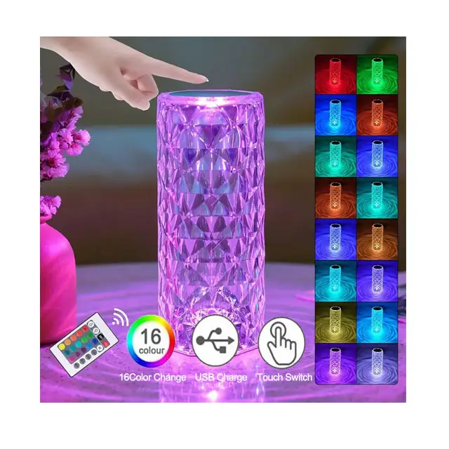 Lampe de table 16/3 couleurs LED veilleuse Rose lumière contrôle tactile lampe d'ambiance RGB couleur changeante lampe de table en cristal pour chambre