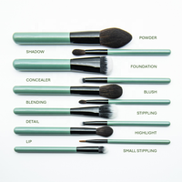 Ensemble de pinceaux de maquillage vegan de qualité supérieure de la marque DL Professional, 11 pièces, manche en bois céladon, logo personnalisé, sac à fermeture éclair en PU, maquillage du visage