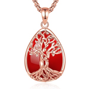 Pendentif Arbre de Vie en Plaqué Or Rose avec Incrustation de Cornaline Rouge en Forme de Larme, Bijou Spirituel et Énergisant pour Boutiques de Mode - Product Image 1
