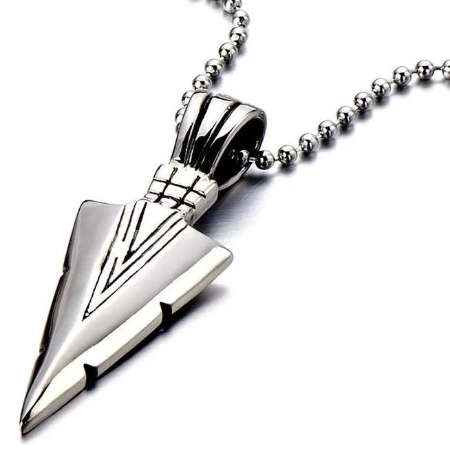 Mens Boys Cool Set Black & Silver Tone Stainless Steel Pendant Necklace Spearpoint Arrowhead Pendant Chain Necklace