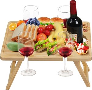 Table de pique-nique pliante portable pour l'extérieur avec 4 porte-verres à vin, plateau à collations et à fromages pour dégustations et réceptions - Product Image 4