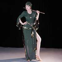 Ensemble de 4 pièces pour la danse égyptienne Saidi, Baladi, Galabeya, avec robe de danse folklorique orientale à franges brillantes et pièces de monnaie, pour Halloween