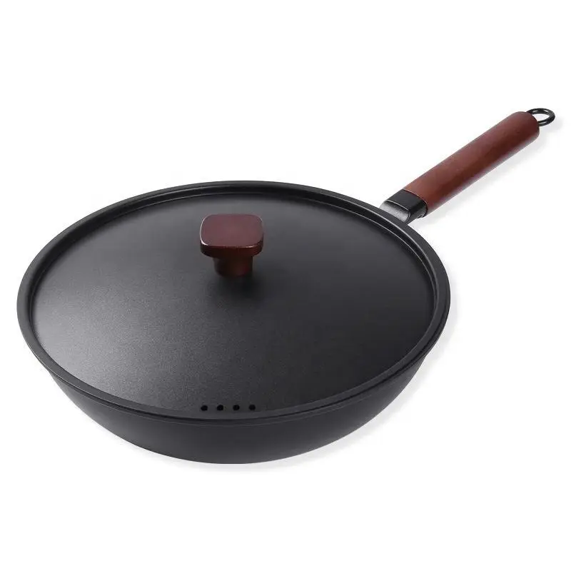 12.6 Inch 32Cm Sắt Chảo Pan Với Nắp, Có Thể Tháo Rời Bằng Gỗ Xử Lý Sử Dụng Nhà 32Cm Carbon Thép Chảo Pan Cảm Ứng Trung Quốc Chảo