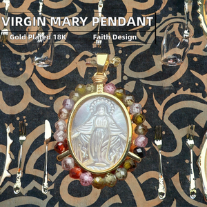 Collier Vierge Marie Sacré en Gros pour Femmes, <span class=keywords><strong>Médaille</strong></span> Ovale, Perles de Zircon, Pendentif Coquille de Nacre, <span class=keywords><strong>Chaîne</strong></span> à Maillons en Alliage, Religieux - Product Image 2
