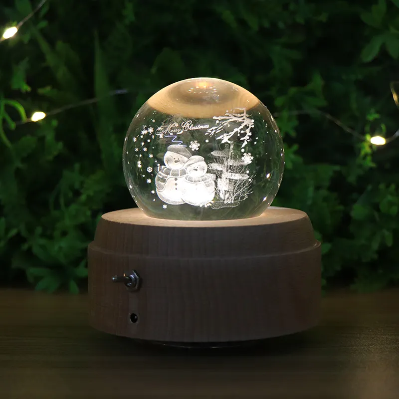 Christmas Gift 3D Crystal Ball Light With Music Box Led Wood Base Crystal Night Light Bedside Lamp With KC Battery