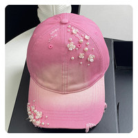 Gorra de Béisbol con Perlas y Flores Estilo Coreano para Mujer, Gorra con Visera Curva y Pedrería, Protección Solar Casual para Todas las Estaciones