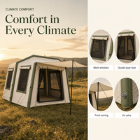 Tente cabane gonflable d'été 2x2m avec auvent, fenêtres en maille sur 3 côtés, tissu Oxford 300D blanc cassé avec garnitures vertes