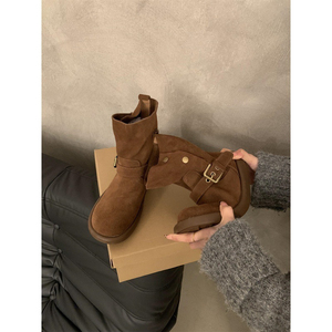 Botas Femininas Vintage de Camurça com Fivela, Cano Médio Dobrável, Plataforma Grossa Antiderrapante e Sola de Borracha – Estilo Retrô Casual – Lançamento Quente - Product Image 5