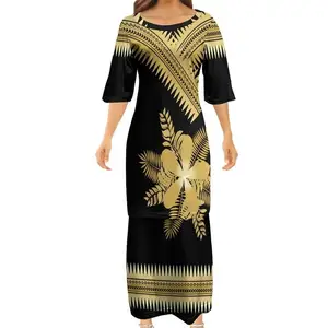 새로운 디자인 Puletasi Polinesian 부족 패턴 여름 옷 여성을위한 섹시한 클럽 오프 숄더 우아한 반 소매 2 PCS/SET 드레스
