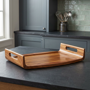 Plateau de service rectangulaire en bois d'acacia avec poignées sculptées, design luxueux, écologique, durable, pour cuisine, salle à manger, Ramadan, Eid - Product Image 1