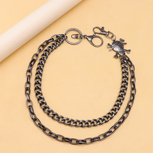 โซ่คล้องกางเกงโลหะสองชั้นลายหัวกะโหลกโจรสลัดสีดำสุดเท่ สไตล์ฮิปฮอป  วัสดุโลหะผสมสังกะสี  เครื่องประดับลำลอง - Product Image 3