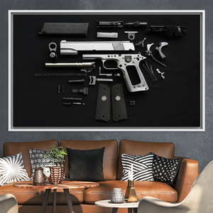 Printed <b>Canvas</b>: Disassembled Gun Wall Art - Modern Industrial Decor,WHITE <b>FRAMED</b> <b>CANVAS</b> - Product Image 3