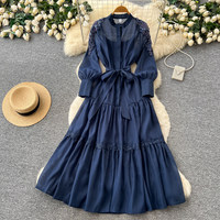 Robe longue élégante pour femme WIWT, rose, coupe trapèze, décontractée, avec perles et dentelle, col montant, manches longues, ceinture, fluide, pour le quotidien