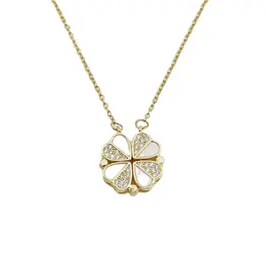 C&J stainless steel creative heart-shaped dual-purpose four-leaf clover magnetic set zirconia 18K four-leaf clover necklace