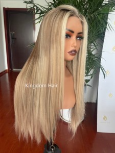 Cuticule alignée cheveux européens <span class=keywords><strong>brune</strong></span> blonde Balayage avec racine cendrée réaliste haut en soie pleine dentelle perruque juive pour l'alopécie - Product Image 3