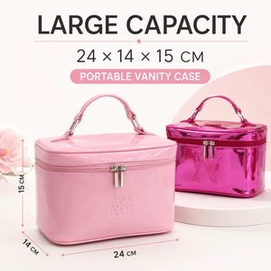 Custom Glossy PU Makeup <b>Bag</b> Large Capacity Cosmetic Case with Handle Double Zipper <b>Hot</b> Press Logo OEM Wholesale Organizer - Product Image 2