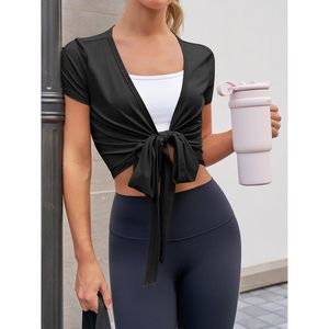 Custom Womens Workout <b>Crop</b> <b>Top</b> <b>Short</b> <b>Sleeve</b> Wrap Tie Loose Yoga Active Tee Casual Fitness Shirt - Product Image 4