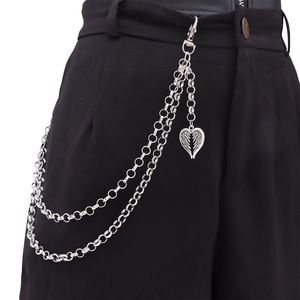 Heart Feather Pendant Double Layer Metal <b>Trouser</b> <b>Chain</b> Unisex Waist <b>Chain</b> Daily Wear Tibetan Silver Hip Hop Fashion Accessory - Product Image 4