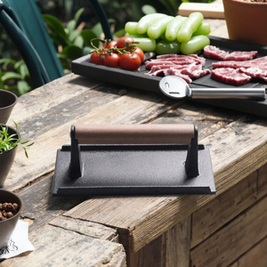 Utensilios de cocina de hierro fundido, prensa de carne <span class=keywords><strong>para</strong></span> bistec, prensa Rectangular <span class=keywords><strong>para</strong></span> parrilla de barbacoa con metal duradero y elegante mango de madera - Product Image 6