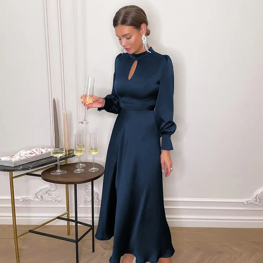 2022 Womens Elegant Lantern Sleeve Satin Silk Slit Dress Hollowed Out Navy Blue Dresses Women