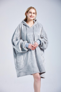 Silver Grey Flannel Fleece Drawstring Side Two Pockets Super Soft Long Pullover Blanket <strong>Oversized</strong> <strong>Snuggle</strong> <strong>Hoodie</strong> - Product Image 3