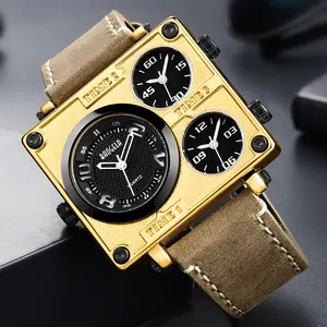 Men's watch sports design 3 time zone square quartz men's Watch Leather Strap