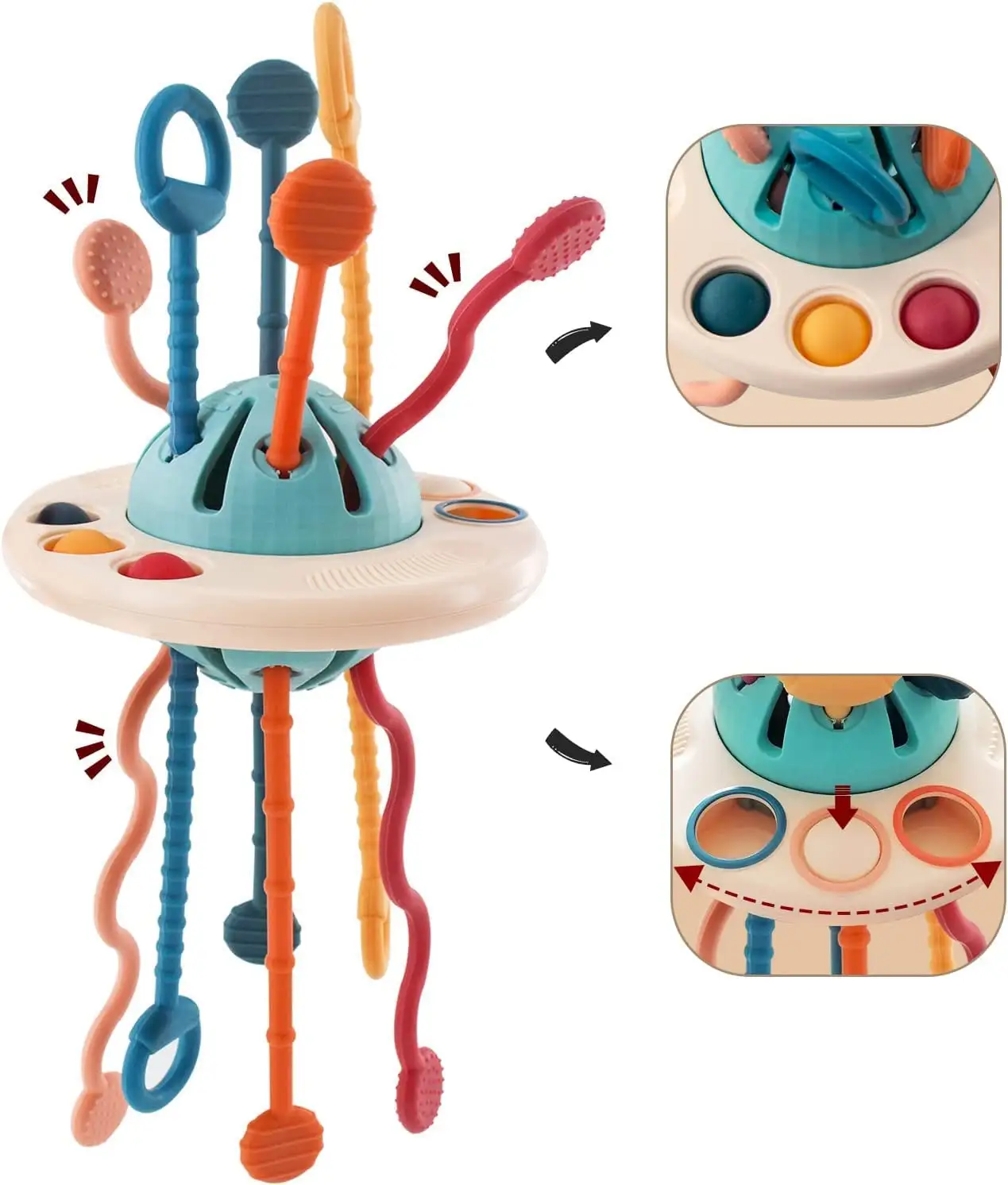 Baby Montessori UFO Food Grade Sensory toy Silicone Pull string Activity Toy for baby Travel Toys