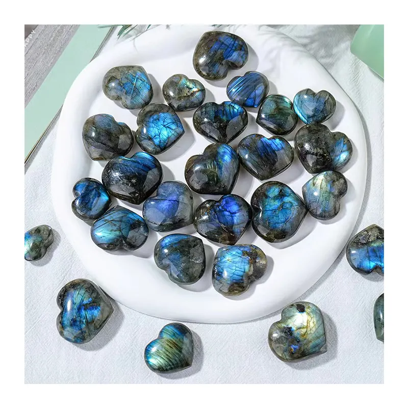Wholesale hand carved natural crystal blue flash labradorite crystal heart for healing