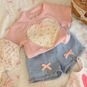 <strong>2025</strong> <strong>Girls</strong> Summer Suit High Quality New Korean <strong>Trend</strong> Bow Pink Short Sleeve Denim Shorts Two-Piece Shirt Set