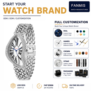 Montre-bracelet à quartz de luxe personnalisée pour femme, sertie de strass, avec cadran ovale et aiguilles bleues - Product Image 1