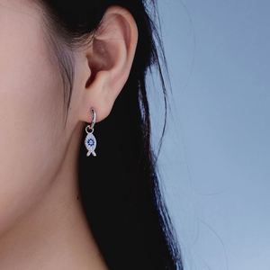 Dylam Summer Ocean Style New Arrival Designer Fine Jewelry S925 <b>Silver</b> Sapphire 5A Zirconia Fish Shape Dangle <b>Hoop</b> Earrings - Product Image 4