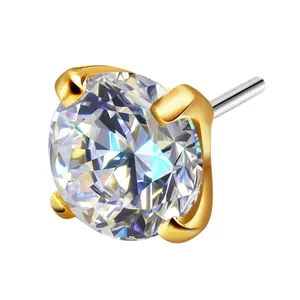 Eternal Metal Piercing Jewelry 14K Solid Gold Threadless Ends With Clear Zircon And Stainless Steel Push Pin