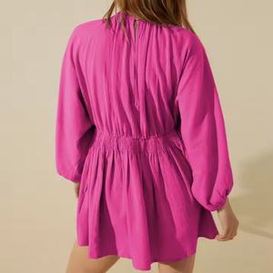 Nouvelle robe d'été pour femmes, design élégant, de haute qualité, sexy, col en V profond, manches longues bouffantes, taille fine, mini robe en lin pour femmes - Product Image 5