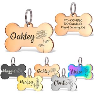 Vente en gros de médailles d'identification pour chien en acier inoxydable, personnalisables avec LOGO, motif animal marin, pailletées, multicolores, gravées, en forme d'os, accessoires pour animaux de compagnie, gravure laser DIY - Product Image 1