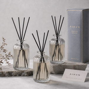 Aikun Decor Shop 180ml Ribbed Glass Reed <b>Diffuser</b> Gift Set Printed Logo Kraft Box Low MOQ Fast Reply Any Lasting Scent For Hotel - Product Image 2