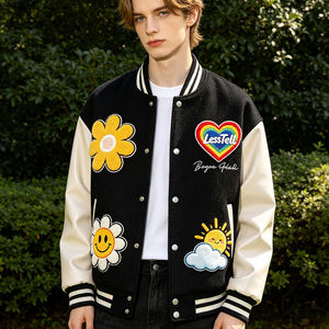 Custom Logo Cream Snap Front Varsity <b>Jacket</b> Chenille <b>Letter</b> Patch Bomber Striped Rib Welt Pocket <b>Men</b> Baseball <b>Jacket</b> - Product Image 2